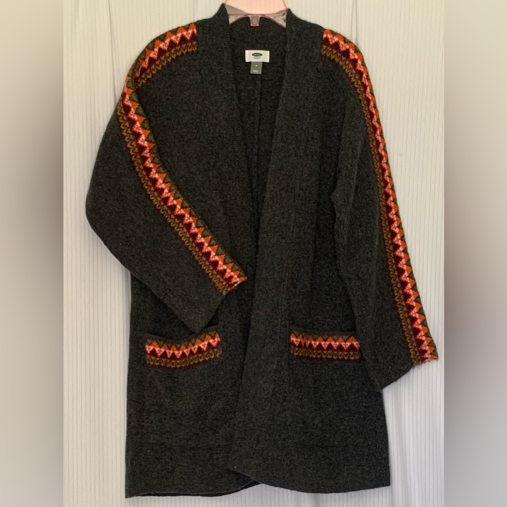 Old Navy Cardigan Open Front Dark Gray with Aztec Trim Detail Pockets Medium